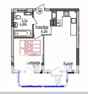 1-к квартира, строящийся дом, 39м2, 1/9 этаж