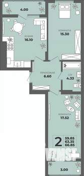 2-к квартира, вторичка, 63м2, 8/8 этаж