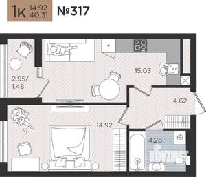 1-к квартира, вторичка, 40м2, 6/10 этаж