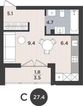 Студия квартира, вторичка, 27м2, 1/9 этаж