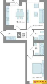 2-к квартира, сданный дом, 60м2, 2/9 этаж
