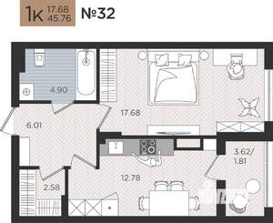 1-к квартира, вторичка, 46м2, 5/10 этаж