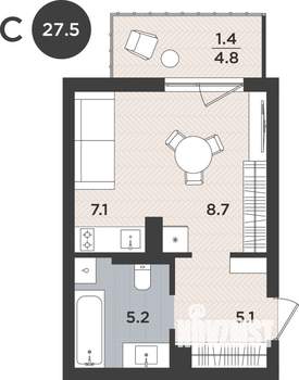 1-к квартира, вторичка, 28м2, 6/9 этаж