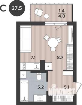 Студия квартира, вторичка, 28м2, 4/9 этаж