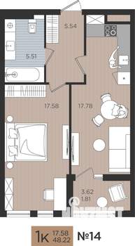 1-к квартира, вторичка, 48м2, 4/10 этаж