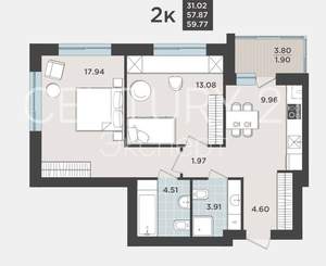 2-к квартира, вторичка, 60м2, 1/9 этаж