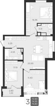 3-к квартира, строящийся дом, 74м2, 2/9 этаж