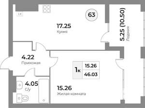 1-к квартира, строящийся дом, 46м2, 2/7 этаж