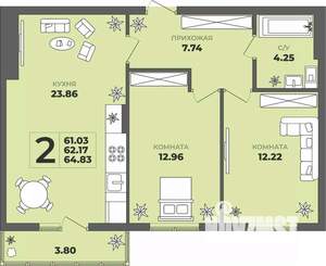 2-к квартира, строящийся дом, 62м2, 1/8 этаж