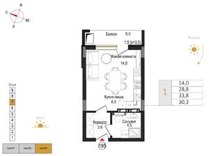 Студия квартира, вторичка, 30м2, 7/9 этаж
