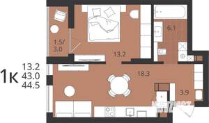 1-к квартира, вторичка, 43м2, 7/9 этаж