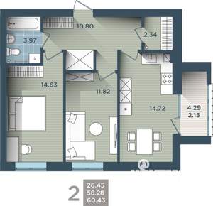 2-к квартира, строящийся дом, 61м2, 1/4 этаж