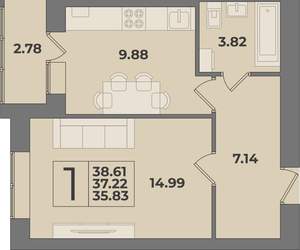 1-к квартира, вторичка, 39м2, 1/9 этаж