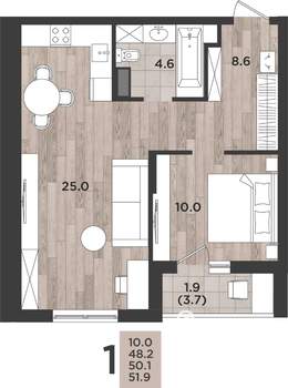 1-к квартира, вторичка, 51м2, 1/12 этаж