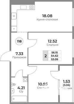 2-к квартира, строящийся дом, 55м2, 3/10 этаж