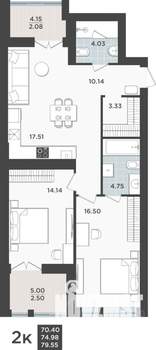 2-к квартира, строящийся дом, 75м2, 3/10 этаж