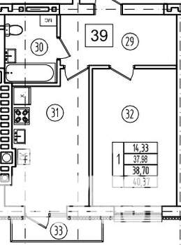 1-к квартира, строящийся дом, 39м2, 6/9 этаж