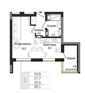 1-к квартира, вторичка, 32м2, 6/9 этаж