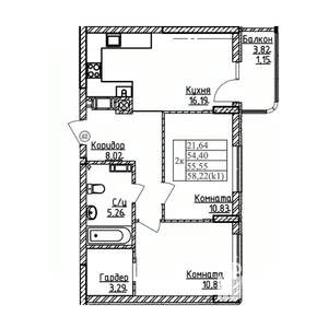 2-к квартира, строящийся дом, 56м2, 6/9 этаж