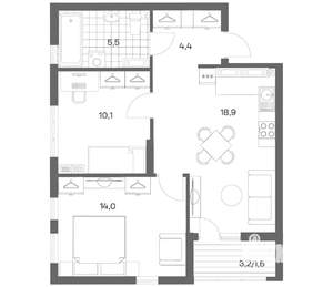 2-к квартира, строящийся дом, 55м2, 13/18 этаж