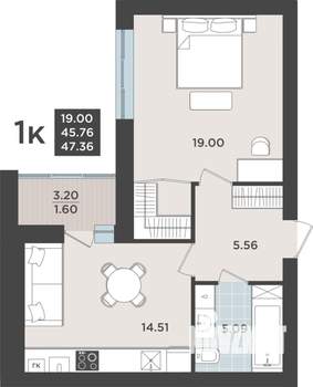 1-к квартира, строящийся дом, 46м2, 7/9 этаж
