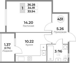 1-к квартира, строящийся дом, 35м2, 7/10 этаж