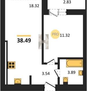 1-к квартира, вторичка, 38м2, 6/9 этаж