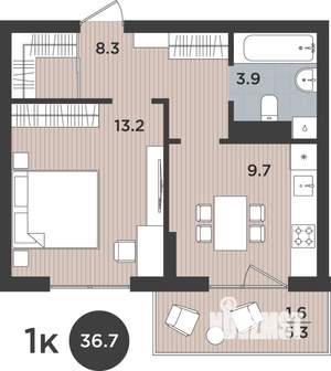 1-к квартира, вторичка, 37м2, 6/9 этаж