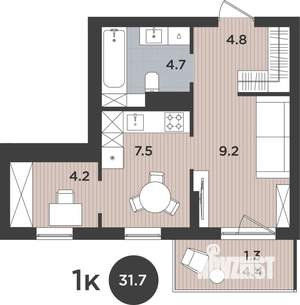 1-к квартира, вторичка, 32м2, 6/9 этаж