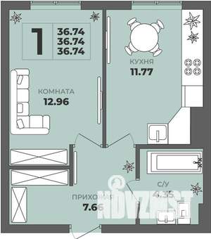 1-к квартира, строящийся дом, 37м2, 1/8 этаж