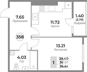 1-к квартира, вторичка, 38м2, 9/10 этаж