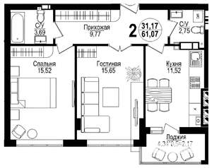 2-к квартира, вторичка, 63м2, 4/16 этаж
