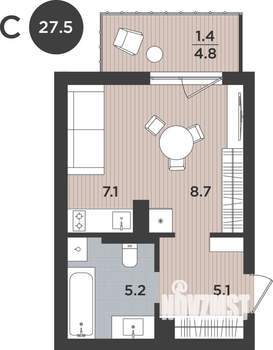 1-к квартира, вторичка, 28м2, 3/9 этаж