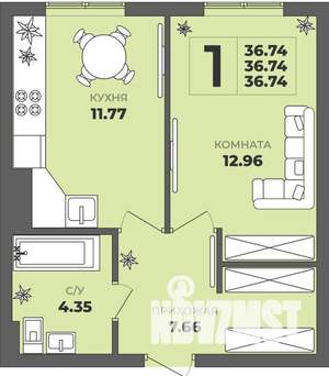 1-к квартира, строящийся дом, 37м2, 1/8 этаж