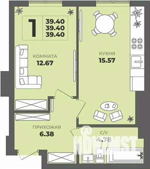 1-к квартира, строящийся дом, 39м2, 1/8 этаж