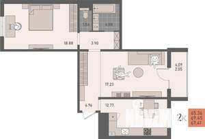 2-к квартира, строящийся дом, 69м2, 5/9 этаж