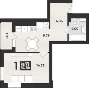 1-к квартира, вторичка, 38м2, 2/9 этаж