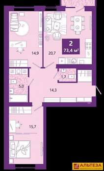 2-к квартира, вторичка, 74м2, 2/4 этаж