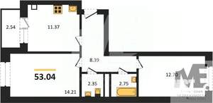 2-к квартира, вторичка, 53м2, 1/9 этаж
