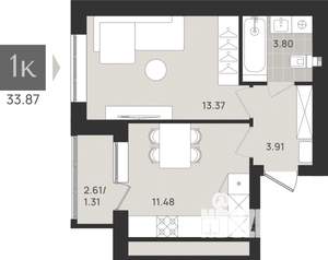 1-к квартира, вторичка, 34м2, 6/9 этаж