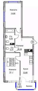 2-к квартира, вторичка, 61м2, 6/9 этаж