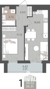 1-к квартира, вторичка, 39м2, 9/9 этаж