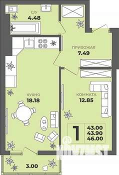 1-к квартира, строящийся дом, 44м2, 7/8 этаж