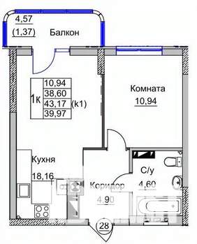 1-к квартира, вторичка, 40м2, 4/9 этаж