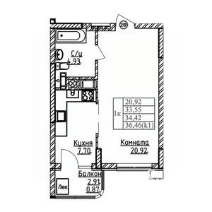 1-к квартира, вторичка, 34м2, 7/9 этаж