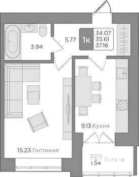 1-к квартира, вторичка, 35м2, 1/9 этаж