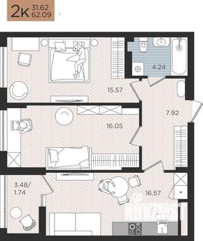 2-к квартира, строящийся дом, 62м2, 10/10 этаж