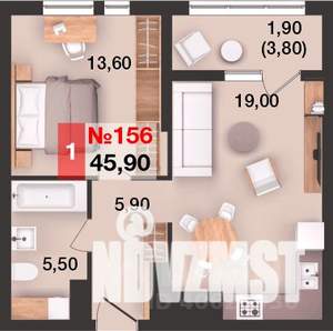 1-к квартира, вторичка, 46м2, 12/15 этаж