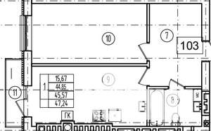 1-к квартира, строящийся дом, 46м2, 7/9 этаж