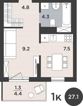 1-к квартира, вторичка, 27м2, 2/9 этаж